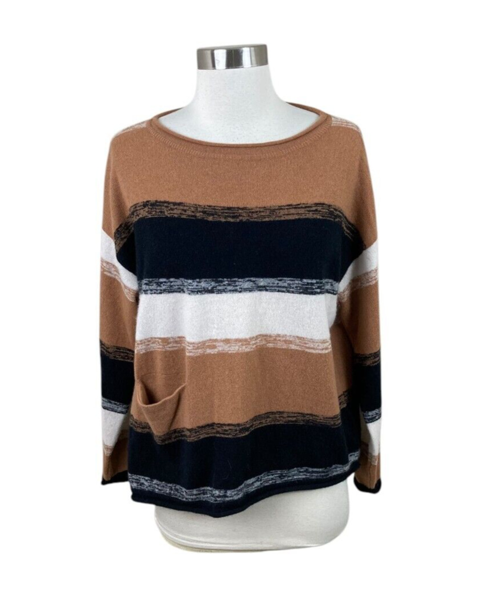 Garnet Hill Camel Black Striped Easy Cashmere Pocket Sweater Size Small Relaxed